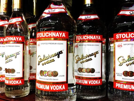 Los Angeles, California, USA - October 7, 2014: Stolichnaya,  a well-known Soviet brand, is a vodka made of wheat and rye grain.
