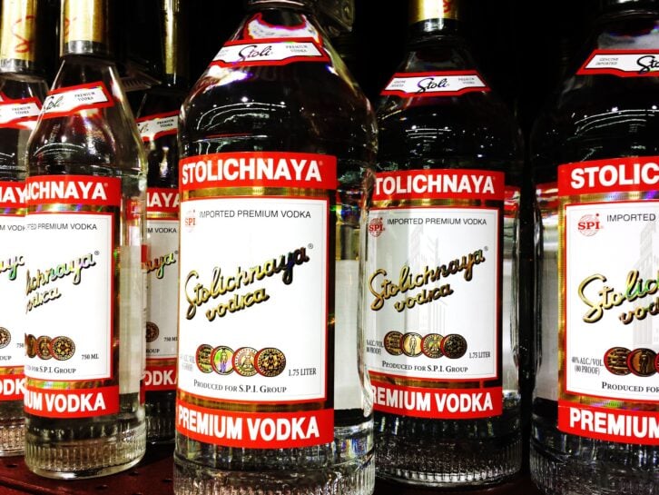 Los Angeles, California, USA - October 7, 2014: Stolichnaya,  a well-known Soviet brand, is a vodka made of wheat and rye grain.