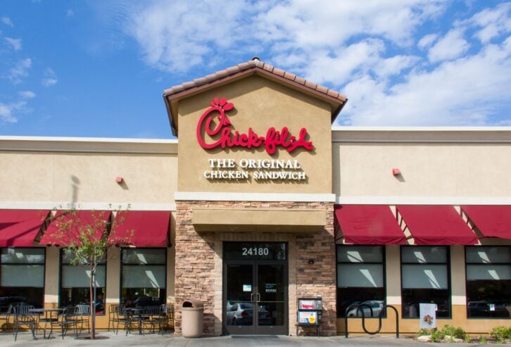 Valencia, United States - September 8, 2014: Chick-fil-A restaurant exterior. Chick-fil-A is fast food restaurant chain specializing in chicken sandwiches.