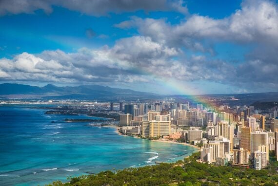 Beautiful rainbow over the Hawaii skyline