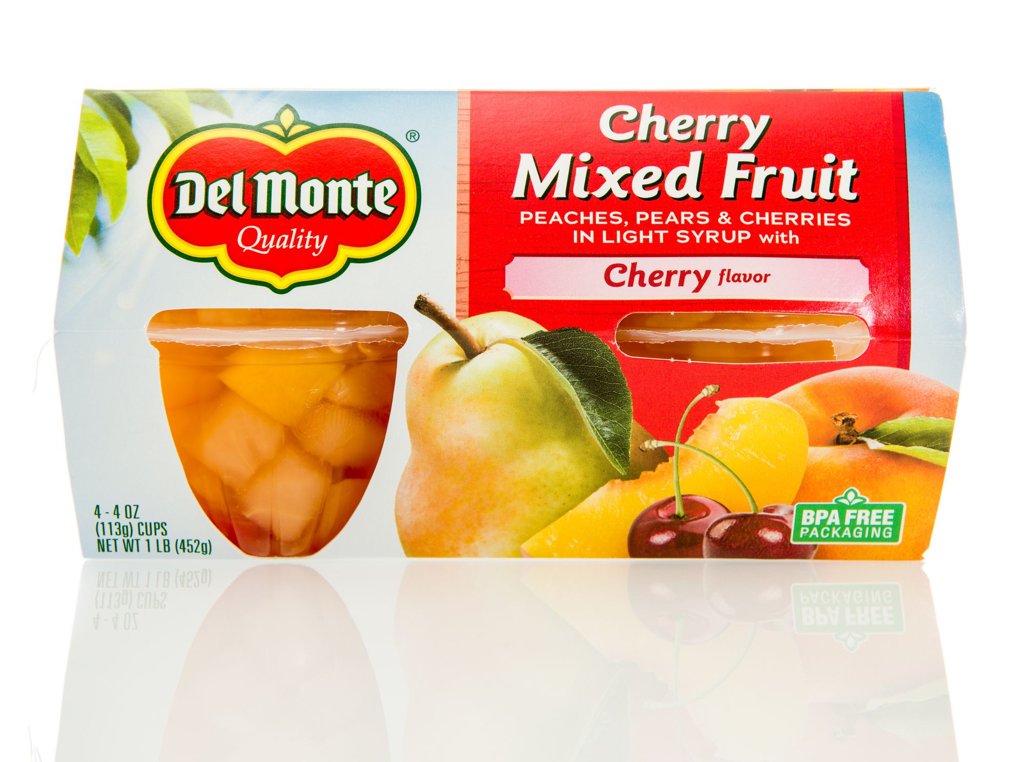 Winneconne, WI, USA - 10 Feb 2016: Package of Del Monte cherry mixed fruit that has peaches, pears and cherries