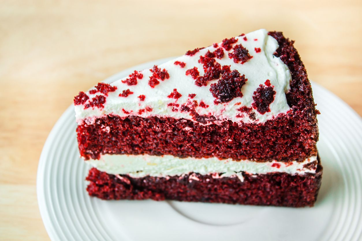 red velvet cream pie slice on plate