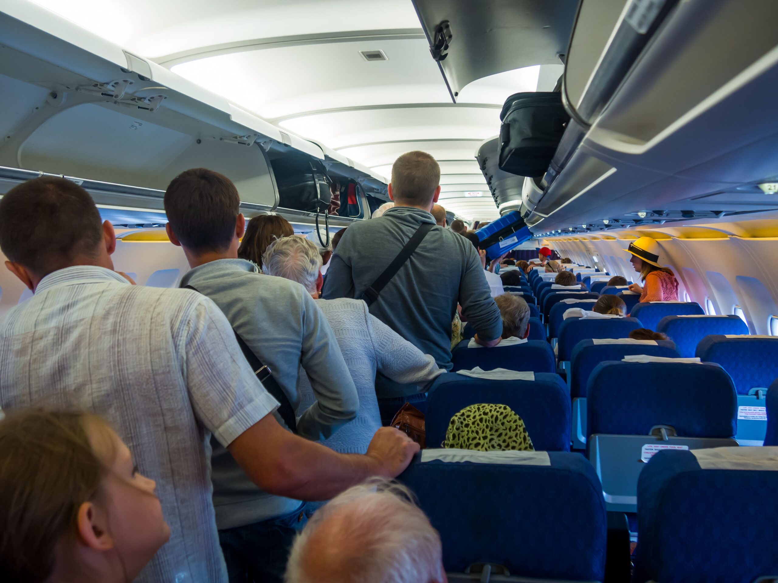 Moscow, Russia - June 15, 2016: Passengers expect exit the aircraft after landing Flight Simferopol-Moscow