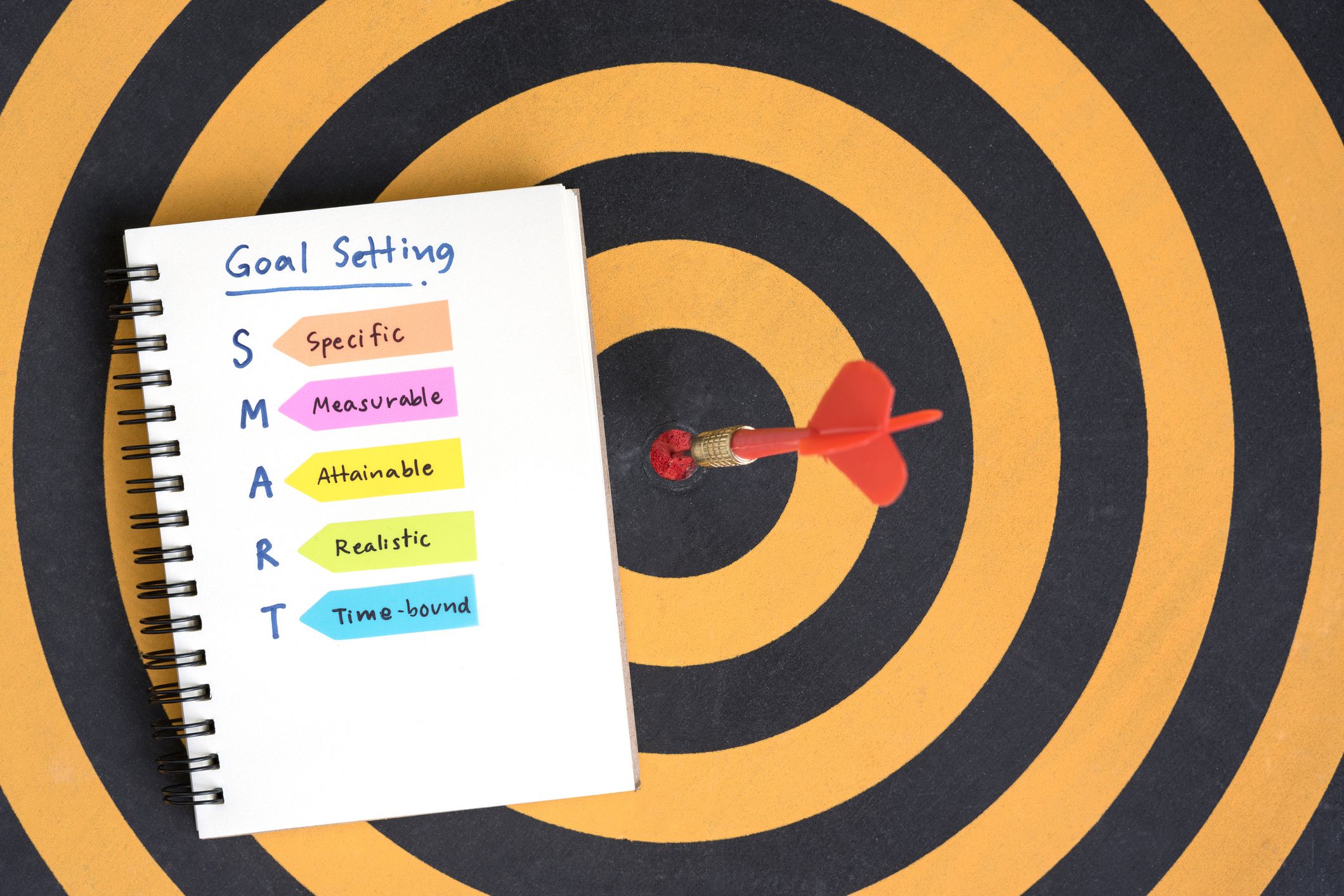 smart goals setting and hand written acronyms definition on the notebook with red arrow dart target hitting in bullseye on dartboard