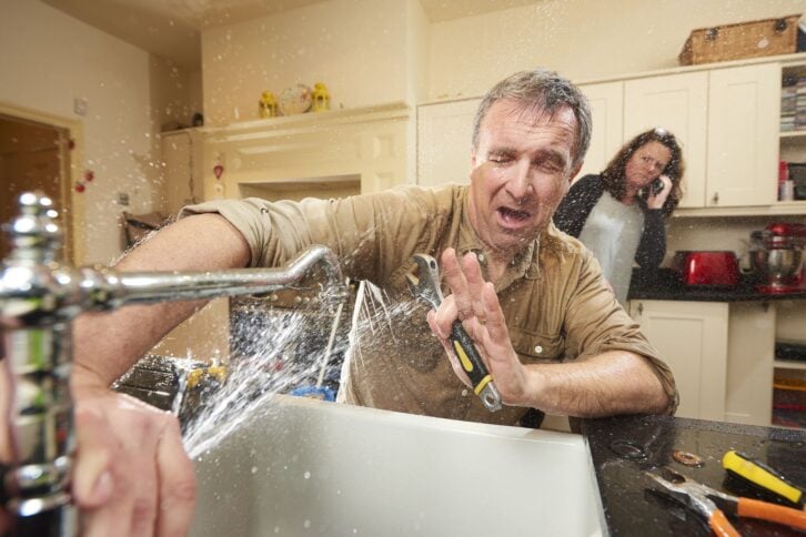 give it a go DIY hero tries his hand at fixing the tap . His wife is already on the phone to an emergency plumber as water gushes from the broken tap