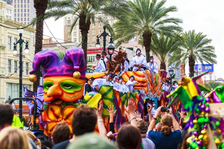 New Orleans USA  Feb 1 2016: Mardi Gras parades through the streets of New Orleans. People are celebrating and welcoming locals and visitors. This is the biggest annual  celebration  of the city.