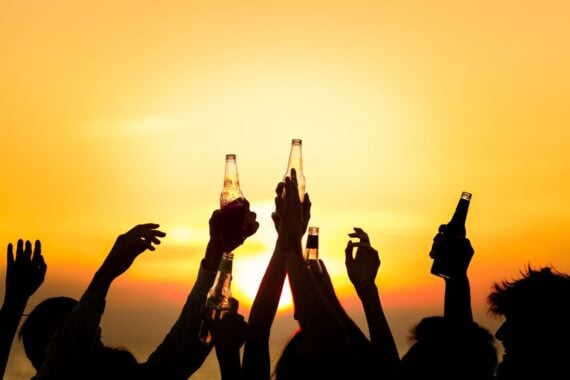 Friends Beach Party Drinks Toast Celebration Concept.
