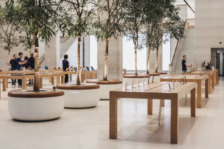 Interior of The Apple Store on Regent Street, London that recently had a refurbishment. Regent Street was Apple’s first store in Europe.