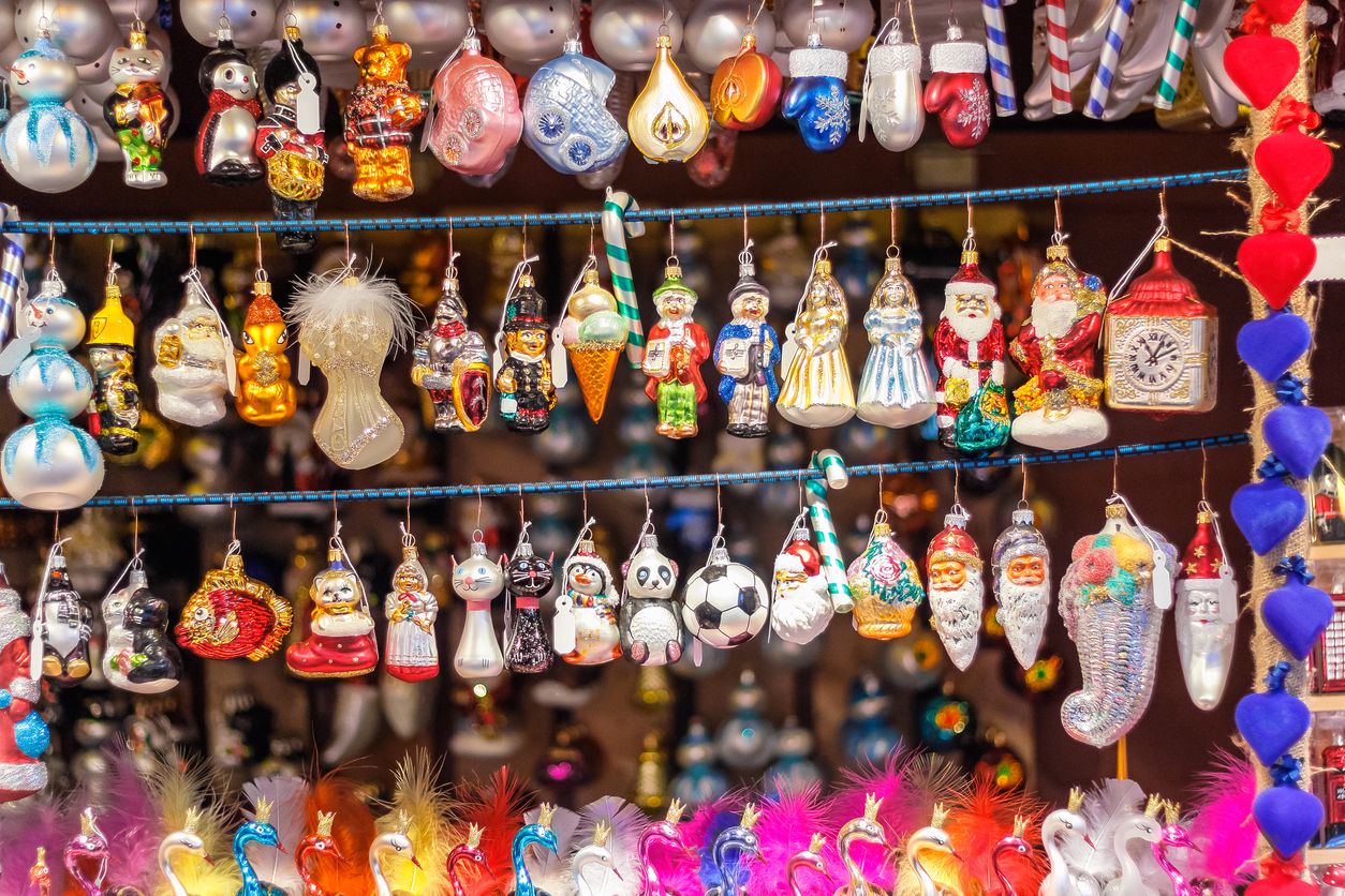 Christmas tree ornaments on display