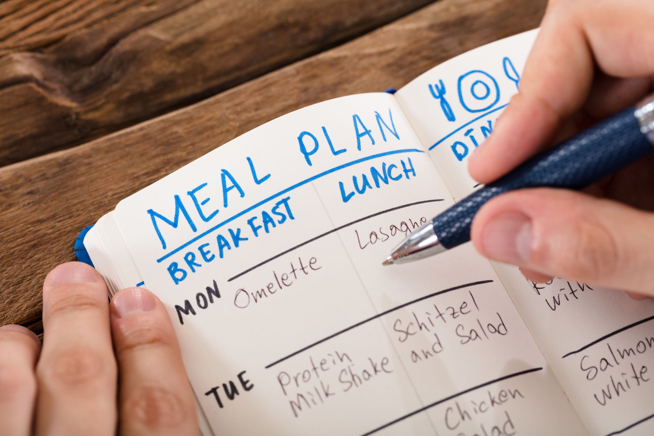 Elevated View Of A Human Hand Filling Meal Plan On Notebook At Workplace