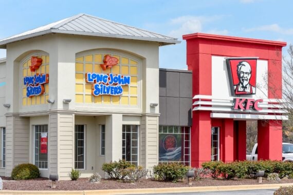 Wilson, NC / March 29, 2018: A KFC and Long John Silvers combination restaurant is open in Wilson, North Carolina.