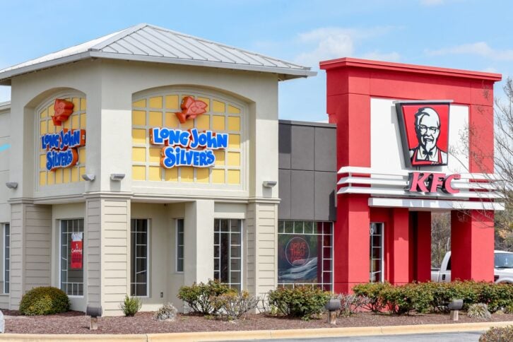 Wilson, NC / March 29, 2018: A KFC and Long John Silvers combination restaurant is open in Wilson, North Carolina.