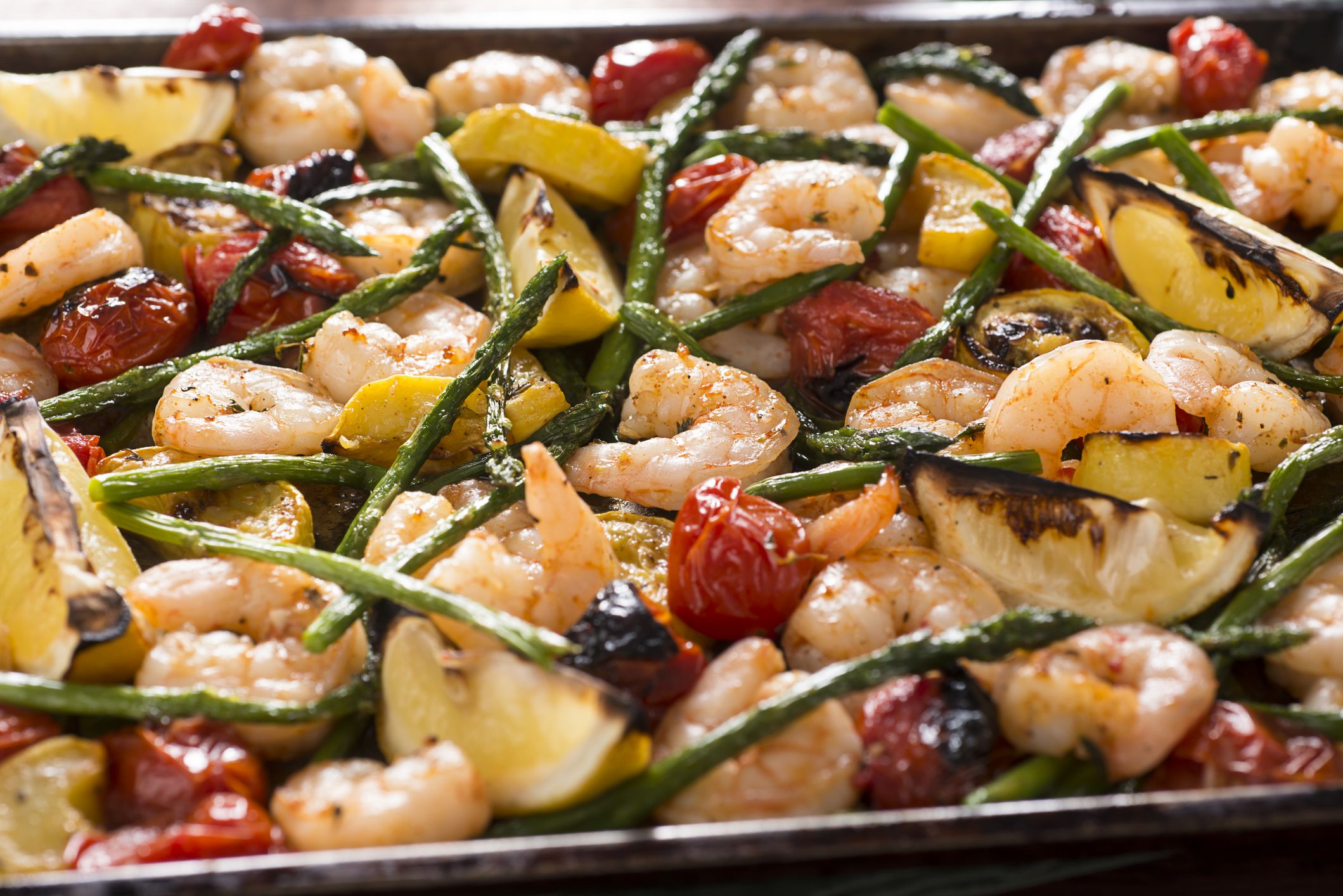 Sheet Pan Shrimp with Asparagus, Lemon, Tomato and Yellow Squash