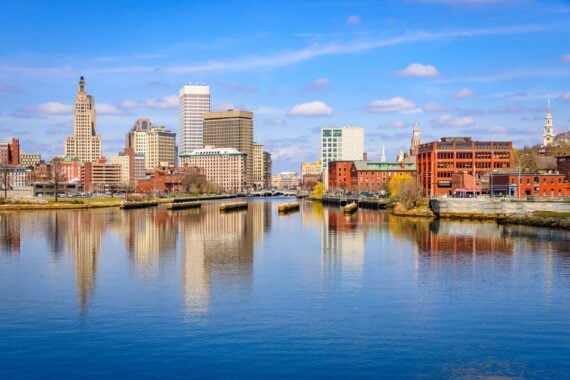 Providence, Rhode Island, USA downtown skyline on the river.