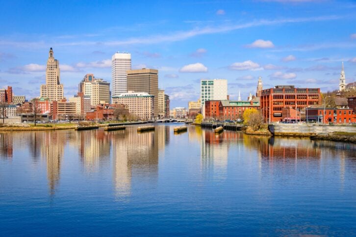 Providence, Rhode Island, USA downtown skyline on the river.