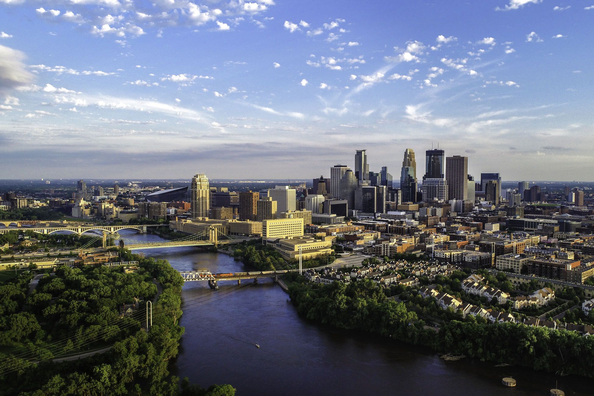 aerial view of minneapolis and the mississippi river in summer