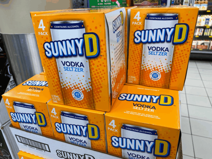 Boxes of SunnyD Vodka Seltzer in a liquor store