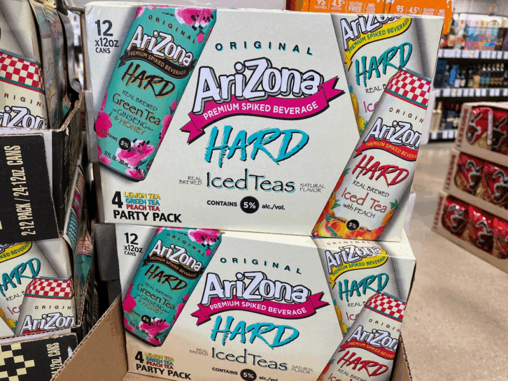 A case of Arizona Hard Iced Tea in a liquor store