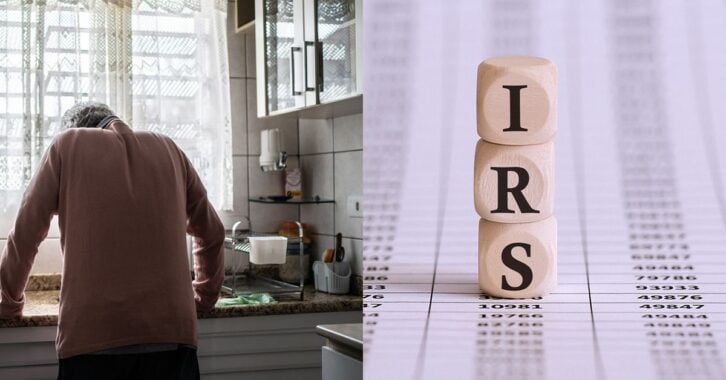 An image of IRS dice that have been stacked on each other next to a man stressed out in his kitchen.