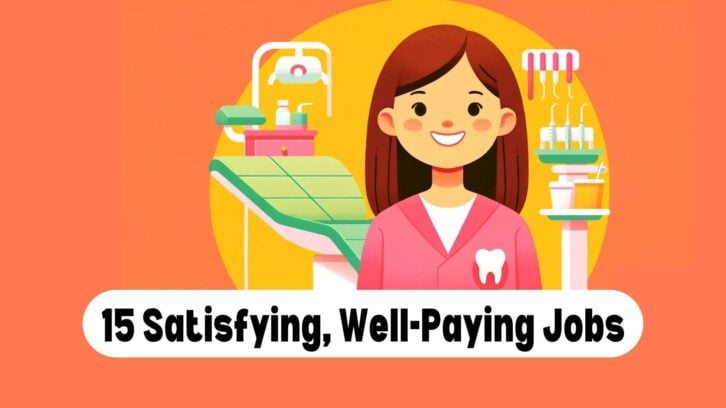 Illustration of dentist against an orange background with the text "Jobs With the Highest Satisfaction"