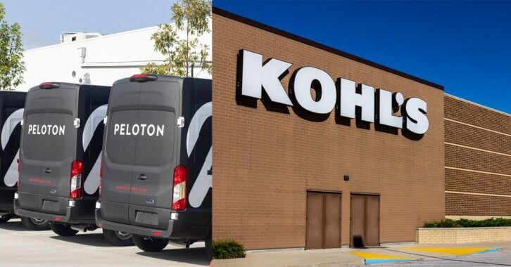 An image of a couple of Peloton vans placed next to an image of the outside of a Kohl's building.