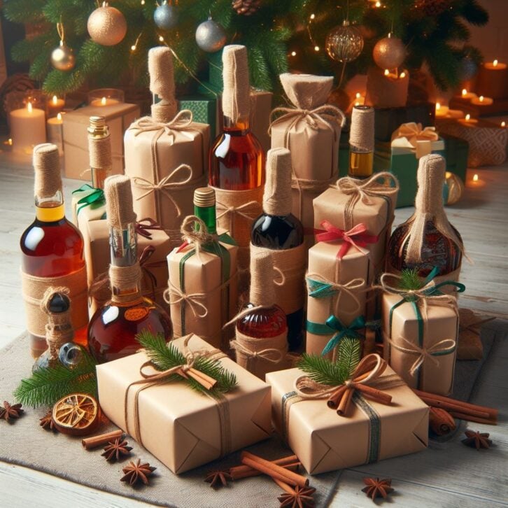 Liquor bottles wrapped as presents under a christmas tree
