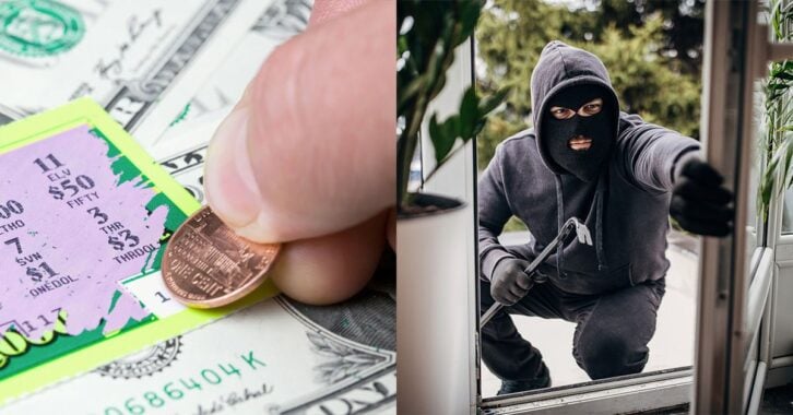 An image of a house burglar next to an image of a scratch-off ticket.