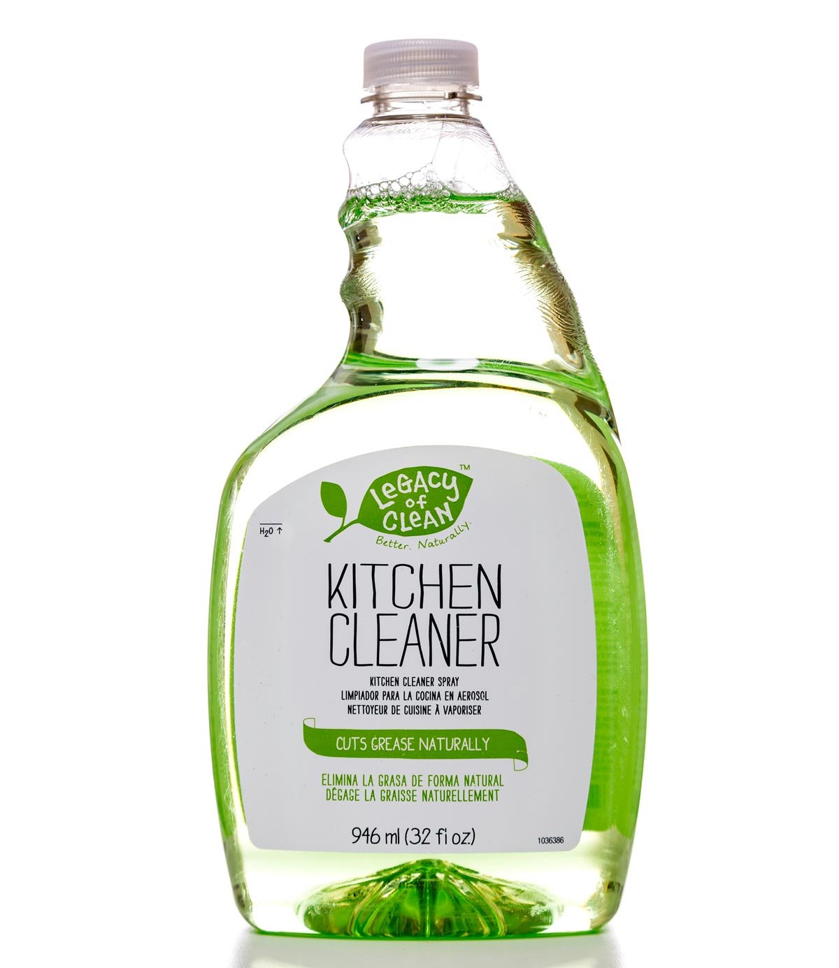 A clear plastic bottle of Legacy of Clean Kitchen Cleaner with green liquid inside, featuring a green and white label that reads "Kitchen Cleaner" and "Cuts Grease Naturally." The bottle holds 32 fl oz (946 ml).