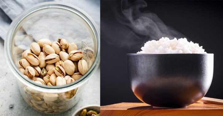 A glass containing pistachios placed next to an image of a bowl of rice.