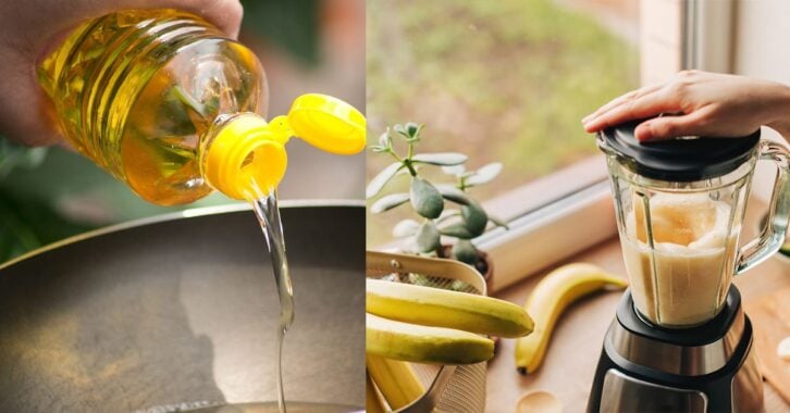 An image of cooking oil being poured alongside an image of a blender being used.