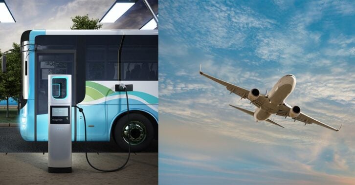 An image of an electric bus at a charging station next to a plane in flight.
