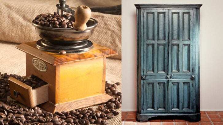 A collage of vintage coffee roaster next to vintage cupboard.