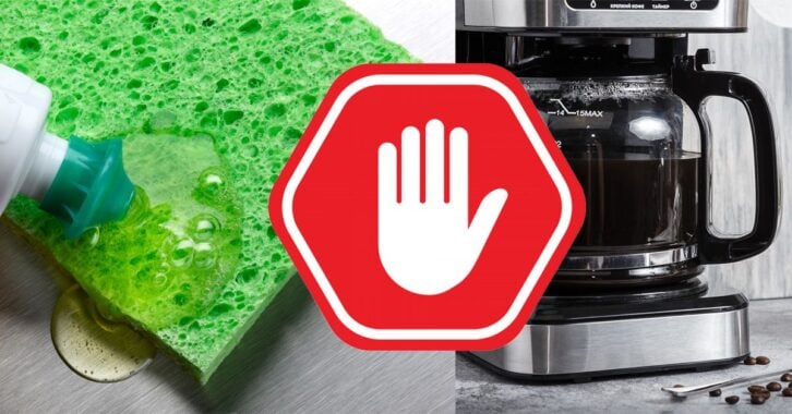 An image of a coffee machine placed next to a dish soap container.