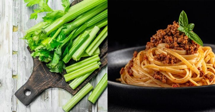 An image of celery placed next to an image of a bowl of pasta.