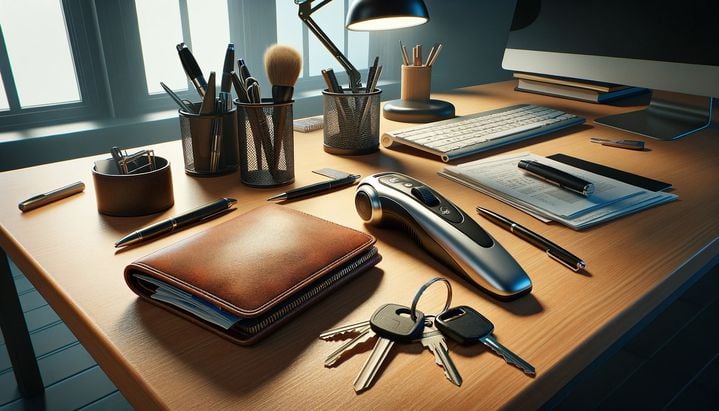 An office desk with various items like a planner and shaver that shouldn't be on the desk.