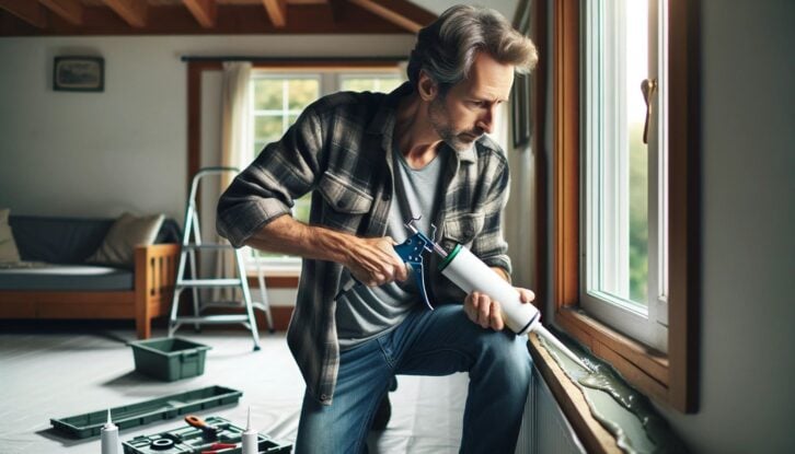 Person fixing air leak to help reduce energy costs