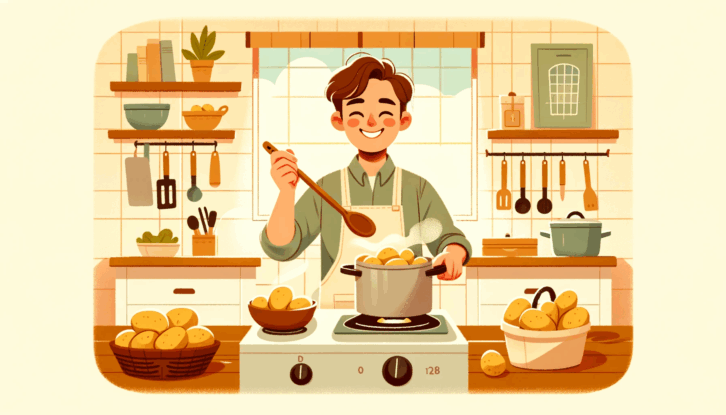 AI-generated image of a person happily cooking potatoes