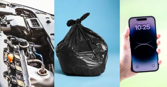 A collage of a car engine, garbage bag, and a smartphone.