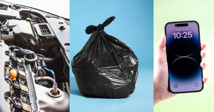 A collage of a car engine, garbage bag, and a smartphone.