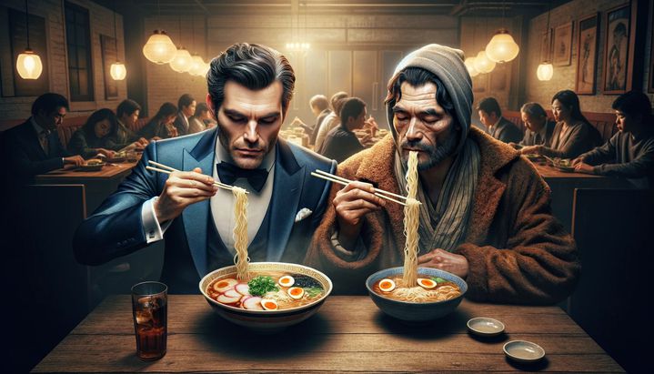 A poor man sitting next to a rich man dressed in a suite while they both eat bowls of ramen.