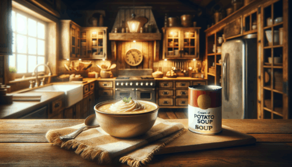 AI-generated image of a bowl of potato soup next to a can of cream of potato soup