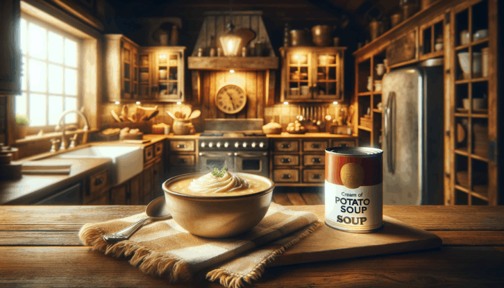 AI-generated image of a bowl of potato soup next to a can of cream of potato soup
