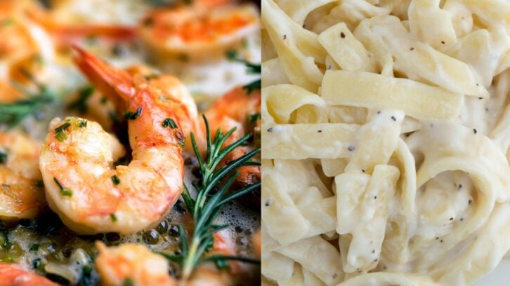 A collage of alfredo pasta next to an image of shrimp on a plate.