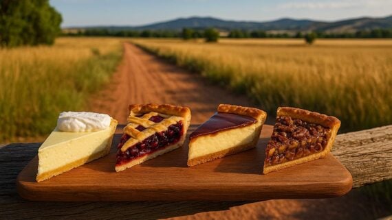 Four regional pies on a cutting board on an old fence on an old road