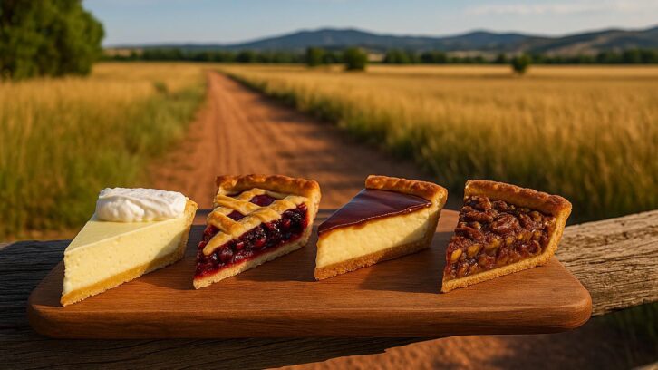 Four regional pies on a cutting board on an old fence on an old road