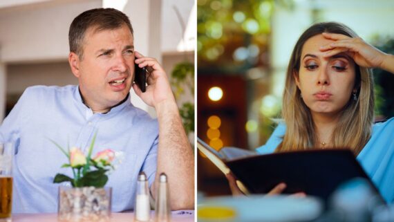 Guy on his phone at restaurant, Woman looking overwhelmed