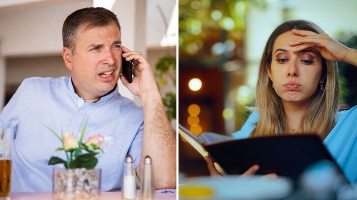 Guy on his phone at restaurant, Woman looking overwhelmed