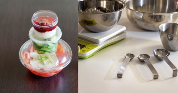 A few food containers next to an image of a few mixing bowls.
