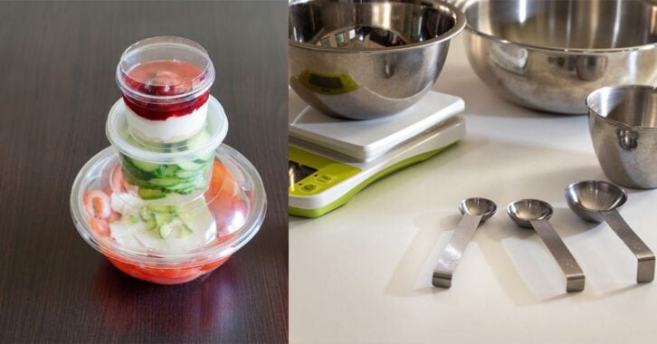 A few food containers next to an image of a few mixing bowls.