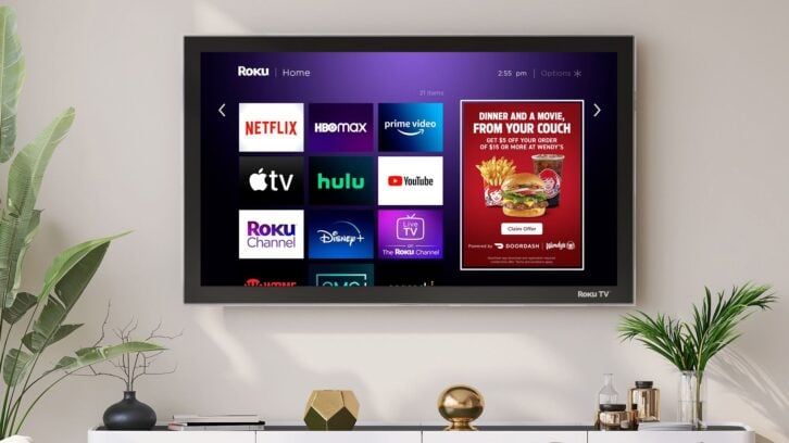 An image that shows a Roku TV with an icon that allows users to order food from Wendy's for delivery by DoorDash
